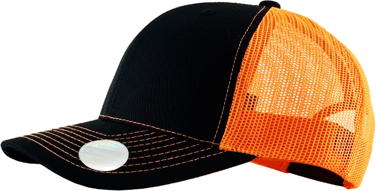 Black Neon Orange Two Tone Classic 6 Panel Trucker Mesh Snapback Side View